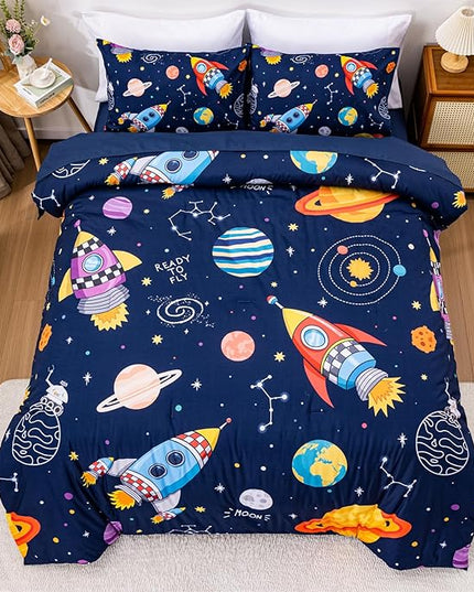 Aimuan Space Comforter Twin Set Kids Rocket Bedding Set Super Soft & Cute Aliens UFO Printed for Boys Girls Teen (Navy, Twin 5Pcs) - LeafyLoom