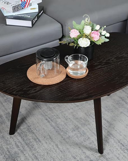 FIRMINANA Small Oval Coffee Table for Small Space,Mango Shape Tabletop，Simple Modern Table with OAK Legs, Black Walnut 18.9" D x 33.47" W x 15.75" H - LeafyLoom