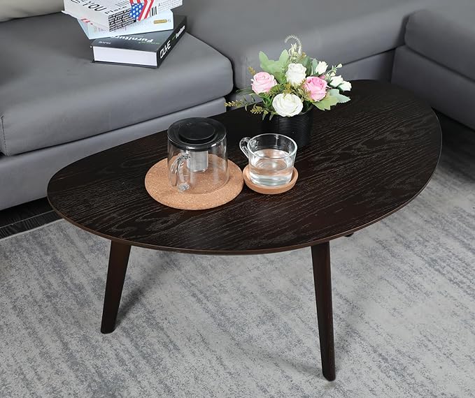 FIRMINANA Small Oval Coffee Table for Small Space,Mango Shape Tabletop，Simple Modern Table with OAK Legs, Black Walnut 18.9" D x 33.47" W x 15.75" H - LeafyLoom