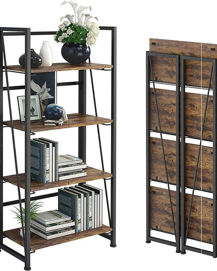 No-Assembly Folding Bookshelf Storage Shelves 4 Tiers Vintage Multifunctional Plant Flower Stand Storage Rack Shelves Bookcase for Home Office (Fire Board) - LeafyLoom