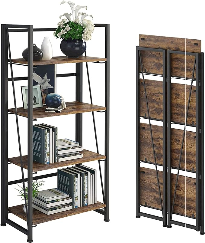 No-Assembly Folding Bookshelf Storage Shelves 4 Tiers Vintage Multifunctional Plant Flower Stand Storage Rack Shelves Bookcase for Home Office (Fire Board) - LeafyLoom