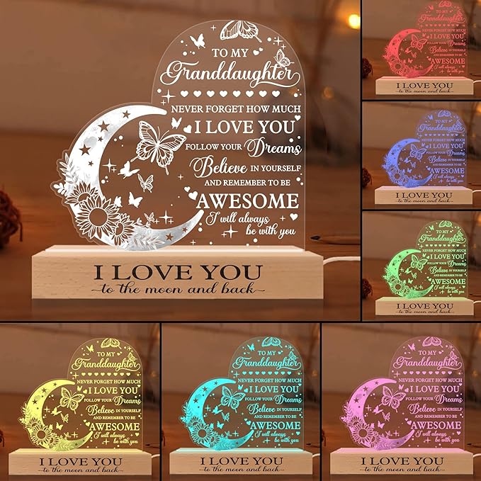 ARTSYWIX Granddaughter 3D Illusion Lamp with Wooden Base USB Powered Acrylic Night Light, to my Granddaughter Gift from Grandma & Grandpa, Girls Kids Lamp Present, Birthday Gifts Graduation Keepsake - LeafyLoom