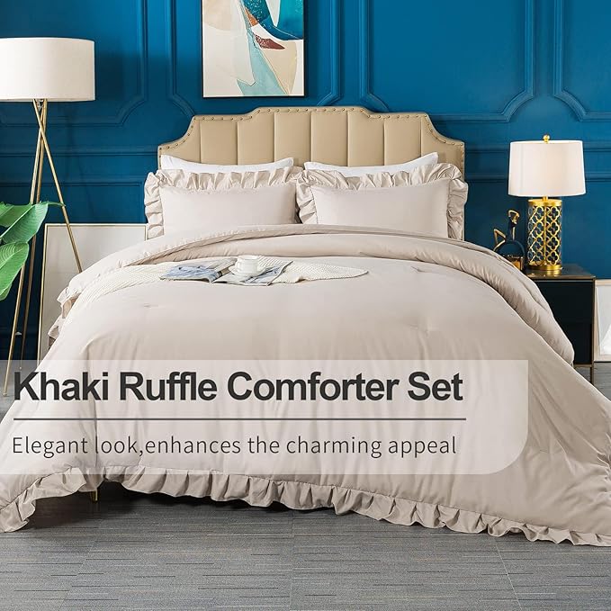 Andency California King Comforter Set Khaki (104x96Inch), 3 Pieces Cal King Ruffle Comforter, Oversized Farmhouse Shabby Chic Bed Comforter, Lighteweight and Soft Microfiber Bedding Set - LeafyLoom