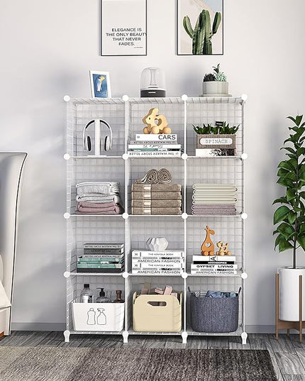 Wolizom Wire Cube Storage, Metal Grids Shelves Bookshelf, Stackable Modular Shelving Organizer, DIY Closet Bookcase Bookshelf, Grid Storage Shelf for Bedroom, Living Room, Office (White, 12 Cube) - LeafyLoom