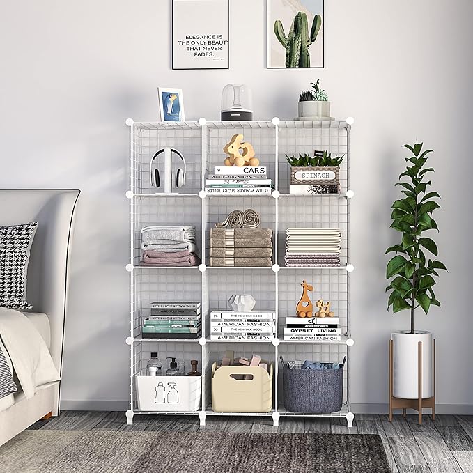 Wolizom Wire Cube Storage, Metal Grids Shelves Bookshelf, Stackable Modular Shelving Organizer, DIY Closet Bookcase Bookshelf, Grid Storage Shelf for Bedroom, Living Room, Office (White, 12 Cube) - LeafyLoom