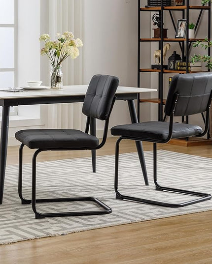 Forevich Mid Century Modern Dining Chairs Set of 2, Leather Kitchen Dining Room Side Chairs Upholstered Armless Accent Chairs with Metal Chrome Legs for Living Room, Bedroom Black - LeafyLoom
