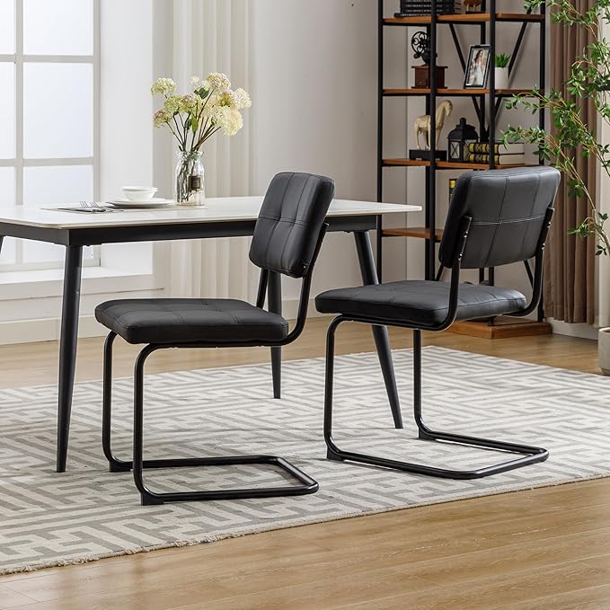 Forevich Mid Century Modern Dining Chairs Set of 2, Leather Kitchen Dining Room Side Chairs Upholstered Armless Accent Chairs with Metal Chrome Legs for Living Room, Bedroom Black - LeafyLoom