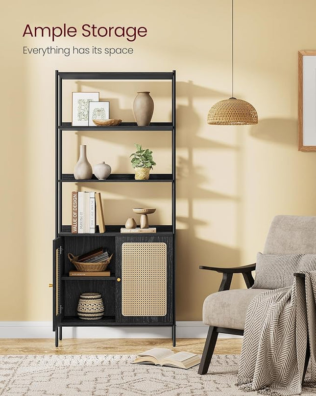 VASAGLE 6-Tier Bookcase, Bookshelf with Rattan-Like Door, Boho Style, Freestanding 30.1-Inch Wide Storage Shelf, Metal Frame, Adjustable Shelf, for Living Room, Ebony Black and Matte Black ULLS124B56 - LeafyLoom