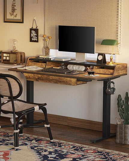 FEZIBO Standing Desk Adjustable Height with Drawers, 48 x 25 Inch Stand Up Desk with Storage Shelf, Electric Standing Desk with Storage Space, Rustic Brown Top/Black Frame - LeafyLoom