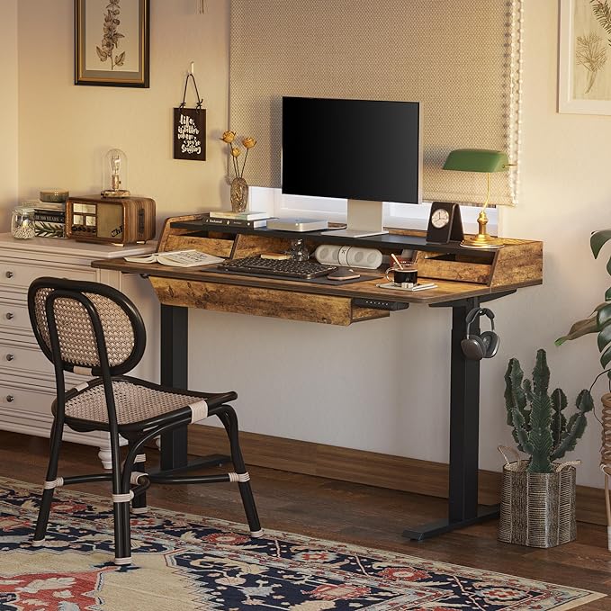 FEZIBO Standing Desk Adjustable Height with Drawers, 48 x 25 Inch Stand Up Desk with Storage Shelf, Electric Standing Desk with Storage Space, Rustic Brown Top/Black Frame - LeafyLoom