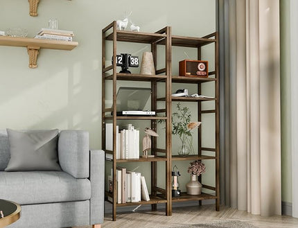 Bamboo Book Shelf, Tall Narrow Bookcase, Bathroom shelving Unit 5 tier Floor Standing Adjustable Bookshelf for Small Spaces, Walnut - LeafyLoom