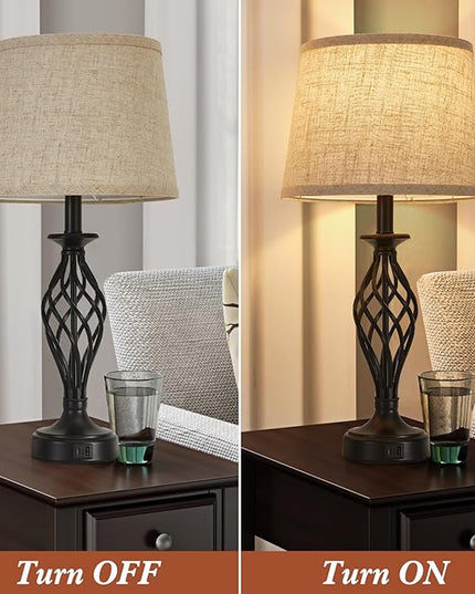 Table Lamp for Bedroom Set of 2 with USB C+A Ports, Modern Bedside Lamps with Spiral Cage Base, Fabric Shade, Nightstand Lamp for Living Room Reading Bed Side End Table, 2 LED Bulbs Included Black - LeafyLoom