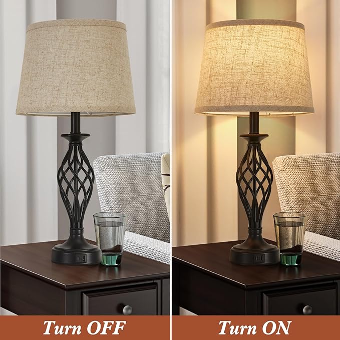 Table Lamp for Bedroom Set of 2 with USB C+A Ports, Modern Bedside Lamps with Spiral Cage Base, Fabric Shade, Nightstand Lamp for Living Room Reading Bed Side End Table, 2 LED Bulbs Included Black - LeafyLoom