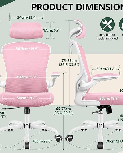 FelixKing Premium Ergonomic Office Chair with Adjustable Headrest, Thickened 90° Flip Armrests, and Lumbar Support – Height Adjustable | Ideal for Home Office Desks and Workstations | Pink - LeafyLoom