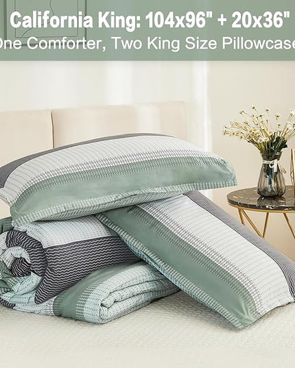 Litanika California King Comforter Set Sage Green - 3 Pieces Cal King Oversized Lightweight Summer Green White Colorblock Stripe Bedding Set (104x96In, 2 Pillowcases) - LeafyLoom
