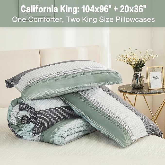 Litanika California King Comforter Set Sage Green - 3 Pieces Cal King Oversized Lightweight Summer Green White Colorblock Stripe Bedding Set (104x96In, 2 Pillowcases) - LeafyLoom