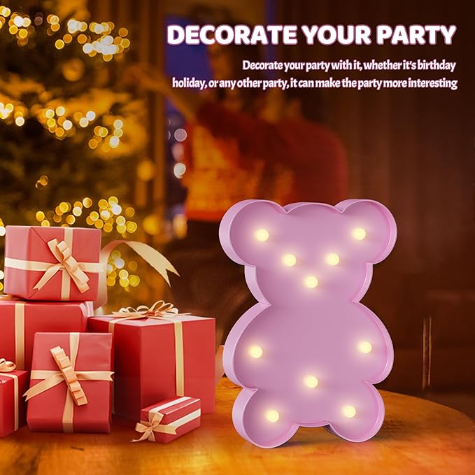 Pink Bear Decor, Battery Powered Bear Night Light for Kids, Pink Party Decorations, Baby Night Light for Bedroom, Toddler Night Lights, Pink kids room decor for Bedroom - LeafyLoom