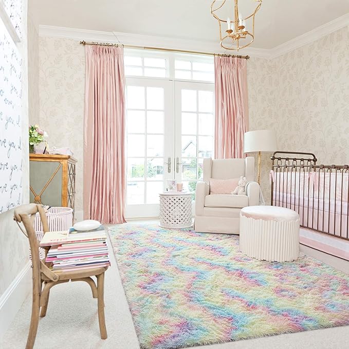 AROGAN 6x9 Feet Soft Rainbow Area Rugs for Girls Room, Fluffy Girls Bedroom Rugs, Princess Rug, Cute Colorful Carpet for Kids Teens Nursery Toddler, Pink - LeafyLoom