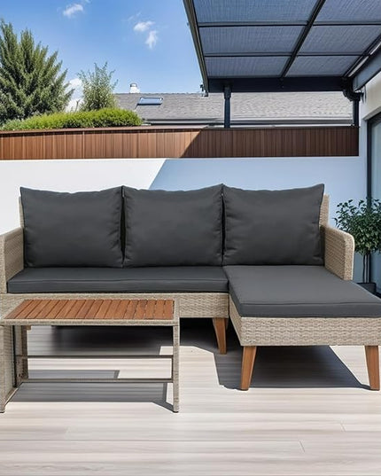 3-Piece Outdoor PE Rattan Furniture Set, Patio Wicker Conversation Loveseat Sofa Sectional Couch with Thick Cushion for Backyard, Deck, Poolside, Zn-Dark Grey - LeafyLoom