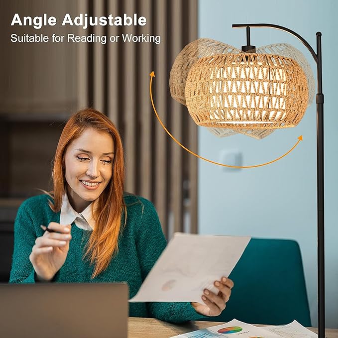 Arc Floor Lamps for Living Room Rattan Boho Floor Lamp with Remote Control,Dimmable LED Floor Lamp Wicker Lamp Shades Black Standing Lamp with 3 Color Temperature Tall Floor Lamp For Bedroom Corner - LeafyLoom