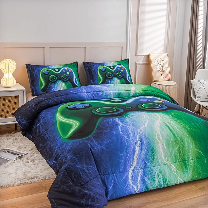 Meeting Story Gamer Gaming Bedding Sets Red Blue Lightnings Gamepad Comforter Set for Boys Games Console Action Buttons Novelty Colorful Modern Room Decor Home Quilt Set (Blue-Green, Queen) - LeafyLoom