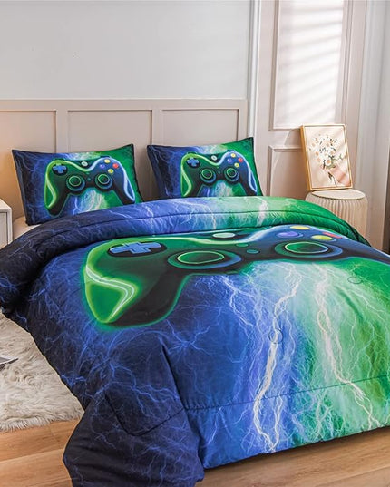 Meeting Story Gamer Gaming Bedding Sets Red Blue Lightnings Gamepad Comforter Set for Boys Games Console Action Buttons Novelty Colorful Modern Room Decor Home Quilt Set (Blue-Green, Full) - LeafyLoom