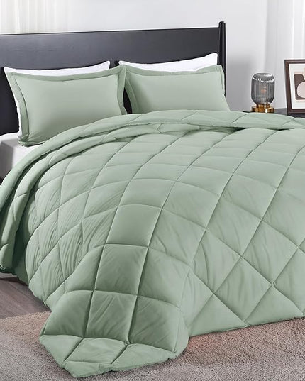 downluxe Queen Comforter Set - Sage Green Comforter Set Queen, 3 Pieces Solid Comforter Set Queen Size for All Seasons, 1 Lightweight Fluffy Comforter (88"x92") and 2 Pillow Shams - LeafyLoom