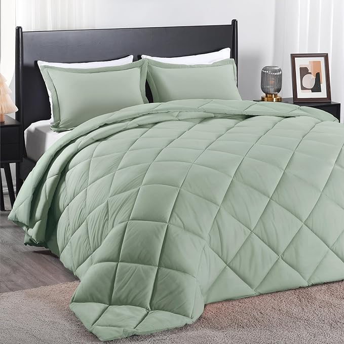 downluxe Queen Comforter Set - Sage Green Comforter Set Queen, 3 Pieces Solid Comforter Set Queen Size for All Seasons, 1 Lightweight Fluffy Comforter (88"x92") and 2 Pillow Shams - LeafyLoom