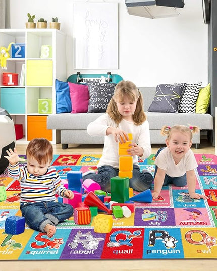IMIKEYA Play Rugs Playroom Mat with Colorful Pattern, Playtime Collection ABC Alphabet, Seasons, Months, Fruit and Shapes Playmat Educational Rug for Kids Playroom Bedroom, 55 x 43.3 Inch - LeafyLoom