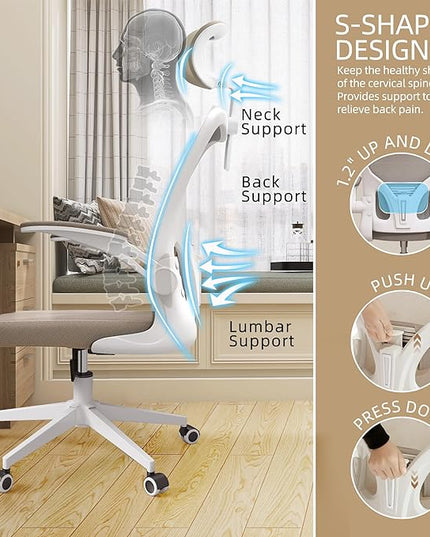 Ergonomic Office Chair, High Back Mesh Computer Desk Chair with Flip-up Arms, Adjustable Lumbar Support & Headrest, Swivel Rolling Task Chair for Home Office, Bedroom, Study, College Dorm khaki - LeafyLoom