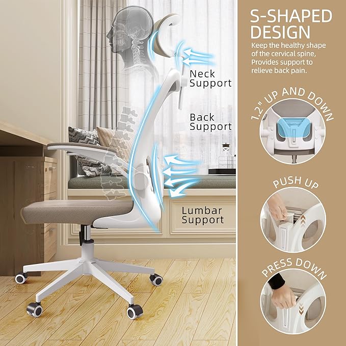 Ergonomic Office Chair, High Back Mesh Computer Desk Chair with Flip-up Arms, Adjustable Lumbar Support & Headrest, Swivel Rolling Task Chair for Home Office, Bedroom, Study, College Dorm khaki - LeafyLoom