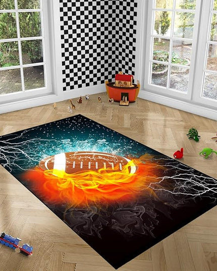 Football Rug Football Decor for Boys Bedroom Football Rug Water and Fire Cool Room Decoration Soccer Rug for Boys Room Football Printed Rug for Kids Room Playmat Rugs for Kid Room Living Room,4'5''×6' - LeafyLoom