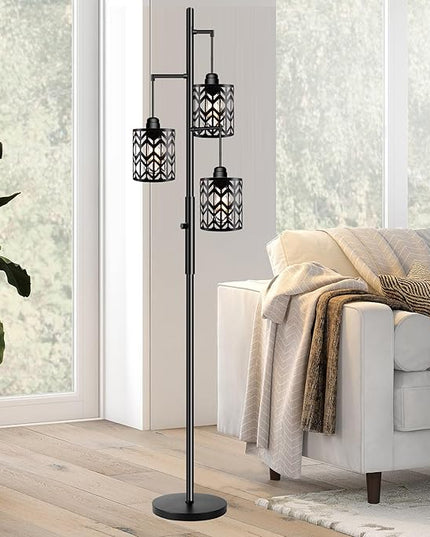 Dimmable Floor Lamp, Industrial Standing Floor lamp for Living Room, Tall Farmhouse Rustic lamp with 3 LED Bulbs, Tree Floor Lamp for Bedrooms, Living Room, Home Office, Metal, Black, 68" - LeafyLoom