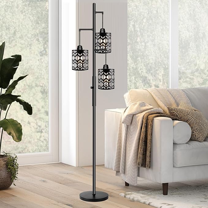 Dimmable Floor Lamp, Industrial Standing Floor lamp for Living Room, Tall Farmhouse Rustic lamp with 3 LED Bulbs, Tree Floor Lamp for Bedrooms, Living Room, Home Office, Metal, Black, 68" - LeafyLoom
