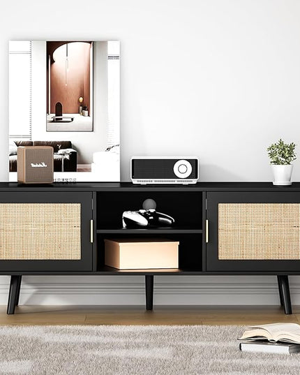 Anmytek Farmhouse Rattan TV Stand for 55 Inches TV Mid Century Modern Entertainment Center with Storage Cabinet Wood Small Media Console for Living Room Black H0056 - LeafyLoom