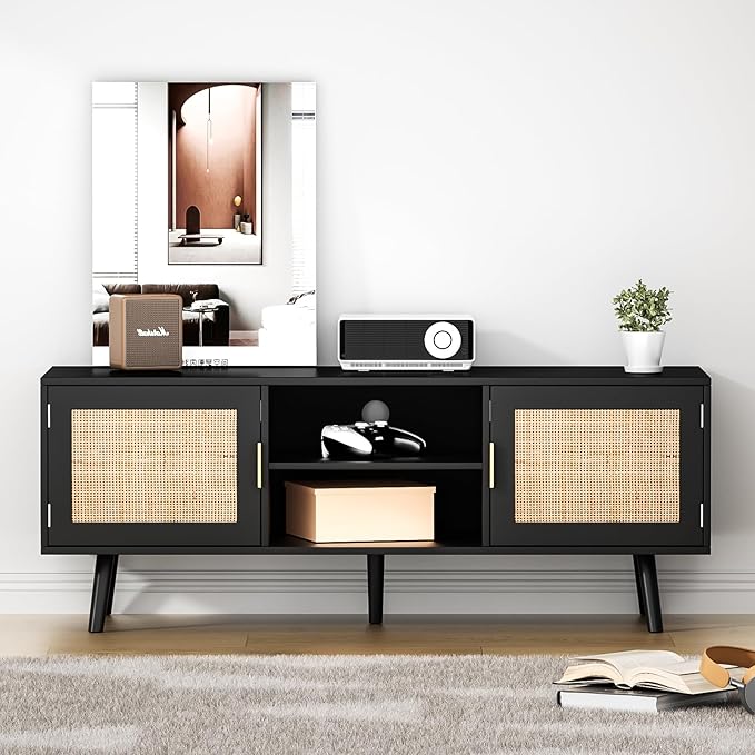 Anmytek Farmhouse Rattan TV Stand for 55 Inches TV Mid Century Modern Entertainment Center with Storage Cabinet Wood Small Media Console for Living Room Black H0056 - LeafyLoom