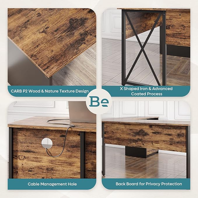 Bestier Lift Top L Shaped Desk with File Drawer, 55'' x 55'' Office Desk with Reversible Storage Drawers, L Shaped Standing Desk with Computer Monitor Stand - LeafyLoom