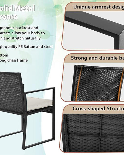 FDW Wicker Patio Furniture 3 Piece Patio Set Chairs Bistro Set Outdoor Rattan Conversation Set for Backyard Porch Poolside Lawn - LeafyLoom