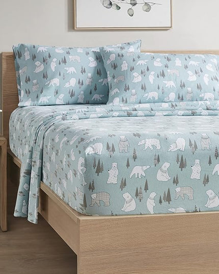 Comfort Spaces Cotton Flannel Breathable Warm Deep Pocket Sheets with Pillow Case Bedding, Twin XL, Blue Polar Bears 3 Piece - LeafyLoom
