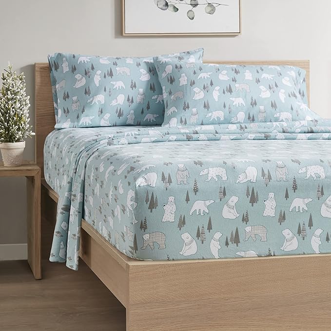 Comfort Spaces Cotton Flannel Breathable Warm Deep Pocket Sheets with Pillow Case Bedding, Twin XL, Blue Polar Bears 3 Piece - LeafyLoom
