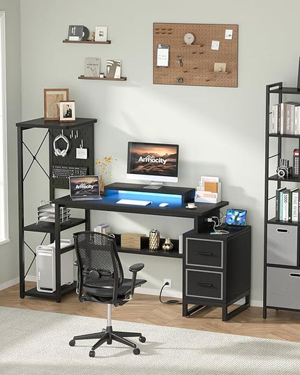 Computer Desk with 2 Fabric Drawers - Reversible Home Office Desk with Power Outlet & LED Lights, 53" Writing Desk with Monitor Stand & Storage Shelves, Gaming Desk Study Table with Pegboard, Black - LeafyLoom