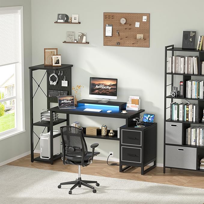 Computer Desk with 2 Fabric Drawers - Reversible Home Office Desk with Power Outlet & LED Lights, 53" Writing Desk with Monitor Stand & Storage Shelves, Gaming Desk Study Table with Pegboard, Black - LeafyLoom