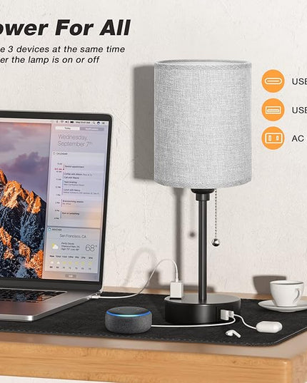Grey Nightstand Lamps 3 Color Temperatures - 2700K 3500K 5000K Bedside Lamps with USB C and A Ports, Pull Chain Table Lamps with AC Outlet, Small Lamps with Black Metal Base for Sleeping Reading - LeafyLoom