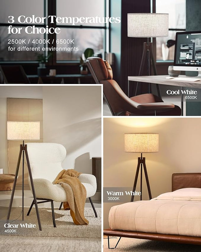 ELYONA Wood Tripod Floor Lamp for Bedroom, 3 Color Temperatures & Linen Shade, Modern Reading Standing Lamp with 9W LED Bulb, Mid Century Night Light for Farmhouse, Living Room, Office, Walnut - LeafyLoom