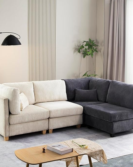 Free Combination Convertible Modular Sectional Sofa with Movable Ottoman, L Shaped Reversible Sleeper Corner Couch with Solid Wood Legs, Comfy Corduroy Upholstered Sofa&Couches for Living Room - LeafyLoom