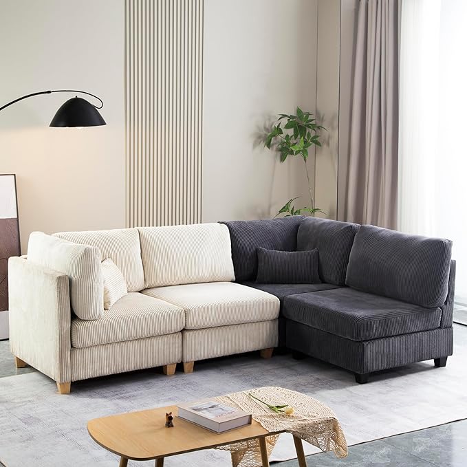 Free Combination Convertible Modular Sectional Sofa with Movable Ottoman, L Shaped Reversible Sleeper Corner Couch with Solid Wood Legs, Comfy Corduroy Upholstered Sofa&Couches for Living Room - LeafyLoom