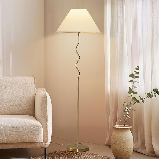 Brightech Squiggle Standing Floor Lamp – Tall Modern Corner Lamp with LED Light Bulb for Bedroom, Living Room, Office – Boho Mid Century Modern Zig Zag Pole Lamp with A-Line Open Shade – Gold/Brass - LeafyLoom