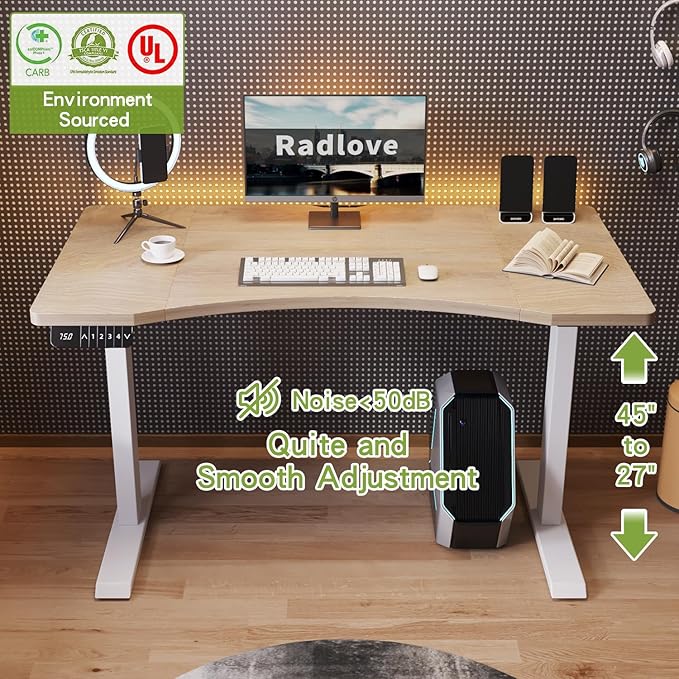 Radlove Dual Motors Height Adjustable 55 x 30'' Electric Standing Desk with Curved Design Stand Up Table 4 Memory Keys, Computer Desk with Splice Board Home Office Desk, Oak Top + White Frame - LeafyLoom