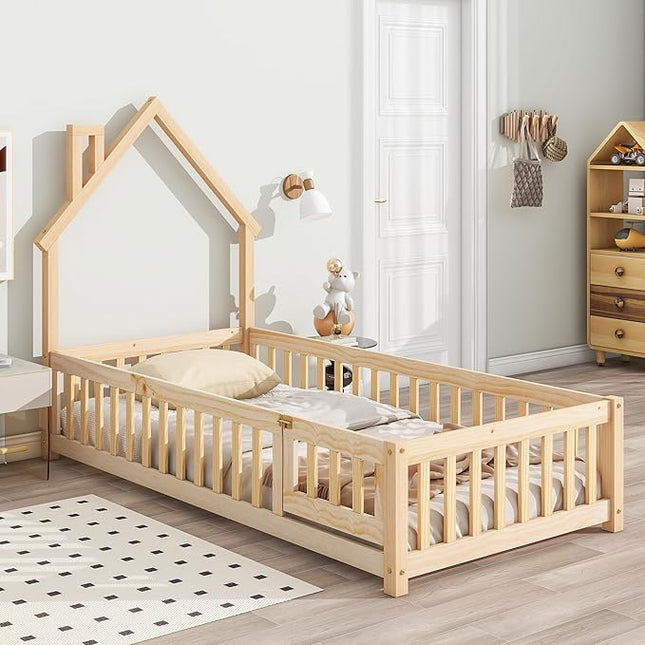 Twin Size Kids Montessori Floor Bed,House-Shaped Headboard Floor Bed for Kids,Floor Bed with Fence and Door,House Bed Twin Frame for Girls,Boys(Twin,Natural) - LeafyLoom