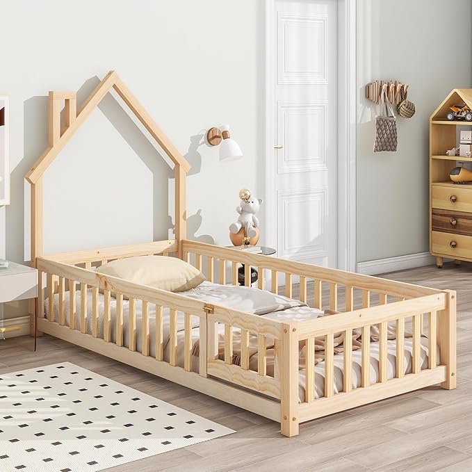 Twin Size Kids Montessori Floor Bed,House-Shaped Headboard Floor Bed for Kids,Floor Bed with Fence and Door,House Bed Twin Frame for Girls,Boys(Twin,Natural) - LeafyLoom
